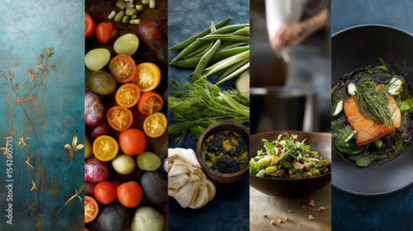 Obraz A vertical collage of vibrant fresh vegetables, herbs, and gourmet dishes showcasing colorful culinary ingredients and gourmet food preparation.
