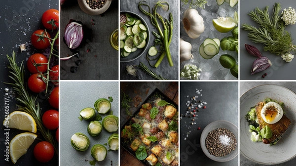 Obraz Fresh vegetables, herbs, and a prepared dish are artfully arranged on a dark surface, highlighting vibrant colors and natural textures.