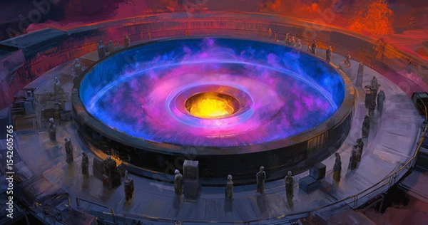 Obraz A futuristic circular arena with vibrant blue and orange flames surrounded by people observing from the edges under a dramatic, fiery sky.