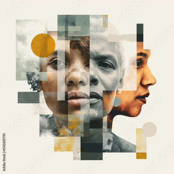 Obraz A digital collage blending three diverse faces with abstract geometric shapes in muted tones, symbolizing unity and complexity of human identity.