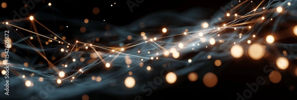 Fototapeta Abstract digital network with interconnected glowing nodes and flowing light strands on a dark background, symbolizing data, connectivity, and technology.
