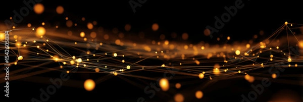 Obraz Abstract digital network with glowing orange nodes connected by fine lines on a dark background, representing data flow or technology connections.