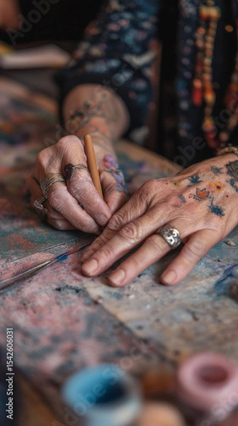 Obraz A close-up of tattooed hands engaged in detailed artistic drawing or painting on a textured surface.