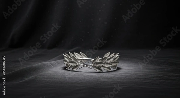 Fototapeta A silver laurel wreath resting on a draped surface against a dark background in a studio setting