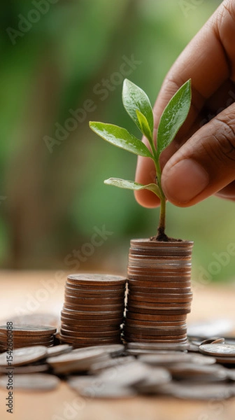 Obraz A hand places a small green plant growing from stacks of coins, symbolizing financial growth and investment.