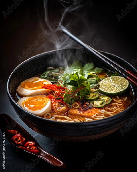 Obraz A steaming bowl of spicy ramen with soft-boiled eggs, lime, fresh herbs, and chili slices, accompanied by chopsticks and a wooden spoon with red chili.