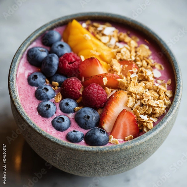 Obraz A vibrant smoothie bowl topped with fresh blueberries, raspberries, strawberries, mango slices, and crunchy granola in a rustic ceramic bowl.