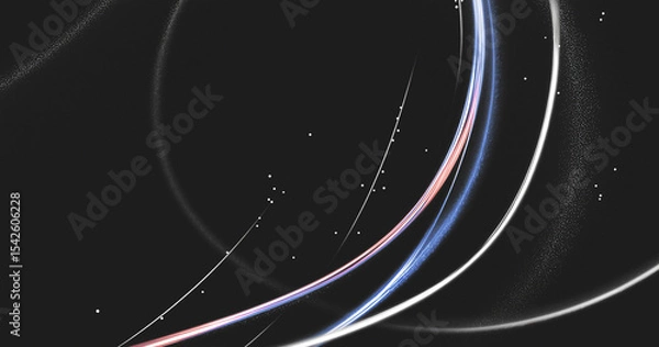 Fototapeta Abstract light trails on a dark background creating dynamic, curved streaks in white, blue, and red hues with scattered small glowing dots.