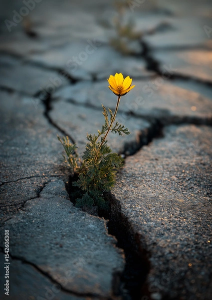 Obraz A solitary yellow flower blooms through a deep crack in dry, cracked earth, symbolizing resilience and hope amid harsh conditions.