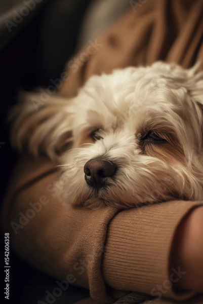 Obraz A small, fluffy white dog rests peacefully on a person's arm, embodying comfort and companionship in a warm, cozy setting.