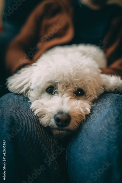 Obraz A fluffy white dog rests its head on a person's lap, looking calm and cozy in a close-up shot.