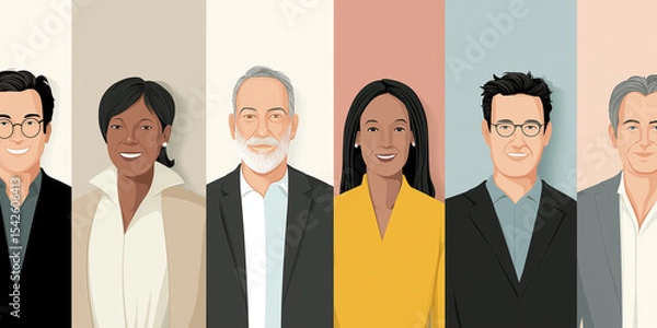 Obraz Illustration of six diverse professionals standing side by side, dressed in formal and business attire, smiling confidently against varied colored backgrounds.