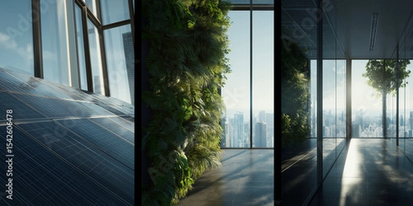 Obraz Modern indoor space with large floor-to-ceiling windows showcases a vertical garden overlooking a city skyline bathed in natural light.