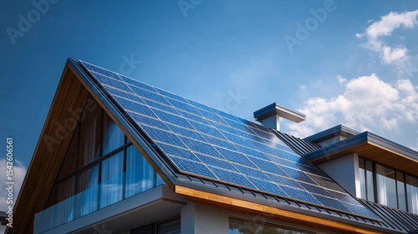 Obraz Solar panels installed on a modern house roof under a partly cloudy blue sky.