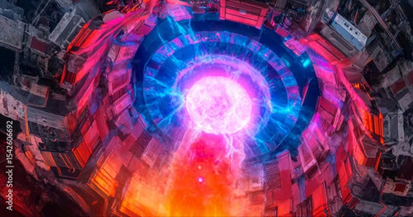 Obraz A vibrant, futuristic energy core emits bright blue and purple electricity inside a circular metallic chamber with red and orange glowing elements.