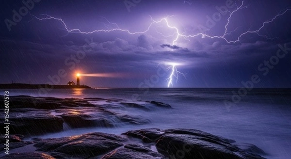 Fototapeta A lighthouse shines amidst a dramatic lightning storm over the ocean with rocks in the foreground view