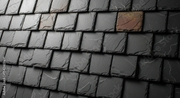 Fototapeta A close up of a roof made of dark gray slate tiles with one tile being a different color tone