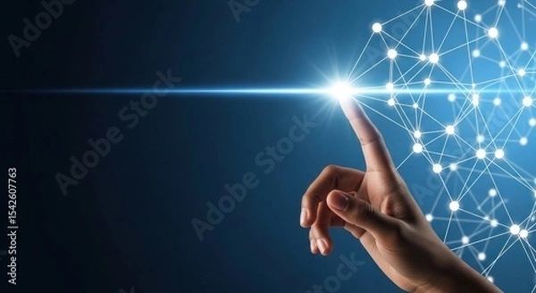 Fototapeta A hand touching a bright light on a network of connected dots against a blue gradient background