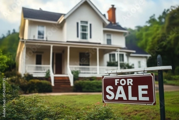 Fototapeta Classic white two-story house with front porch and wooden steps surrounded by greenery and a prominent for sale sign on a sunny day