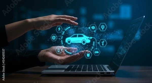 Obraz Hands protecting a virtual car icon, various maintenance and care icons surrounding