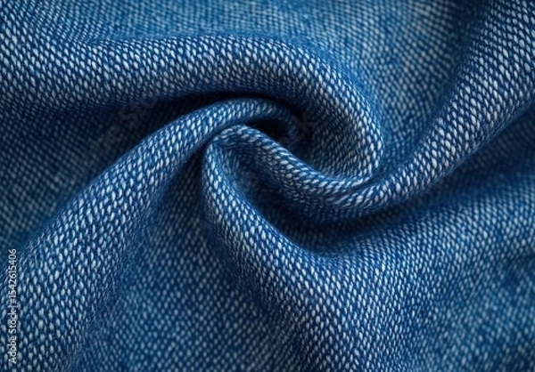 Fototapeta Close-up of twisted blue denim fabric showcasing detailed texture and fine weave pattern with rich color and soft folds