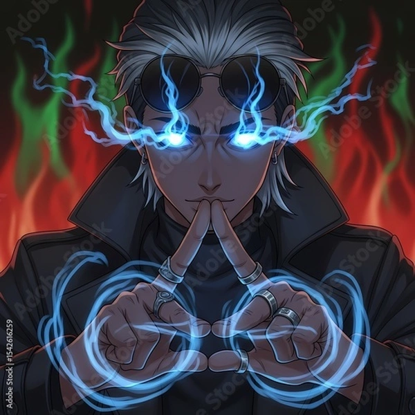 Fototapeta electrically charged cyberpunk warrior glowing blue energy flow with fiery red green flames