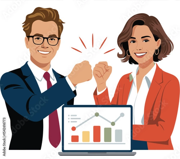 Fototapeta Business team celebrating success with fist bump in front of a laptop displaying growth chart data