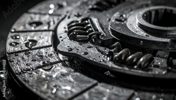 Obraz Detailed close-up shows a metal mechanical component with droplets, creating a dark industrial mood.