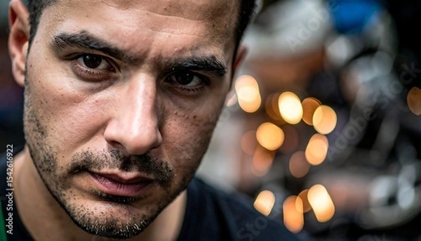 Obraz Intense close-up portrait capturing a man's focused gaze with blurred lights in the background