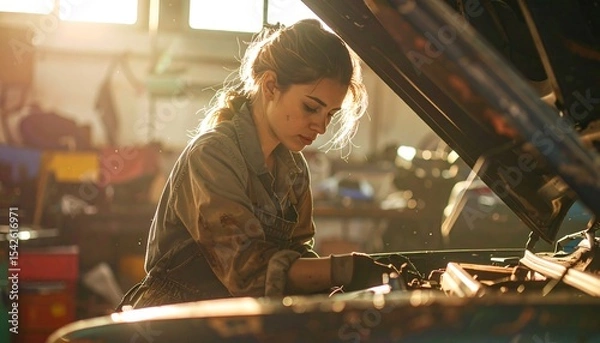 Obraz Woman in overalls works on engine in garage, bathed in warm sunlight, creating a focused atmosphere.