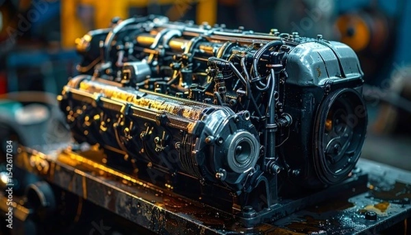 Obraz Detailed engine block with intricate mechanical parts exhibits an industrial aesthetic showcase
