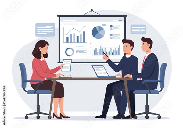 Obraz Three business people in a meeting room view data presentation charts