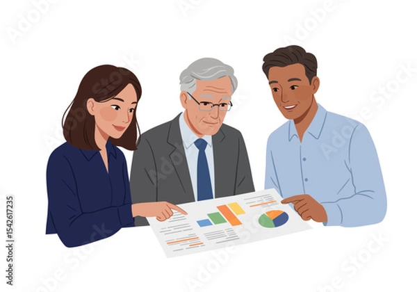 Obraz Three business people examine a document with charts and text pointing at the graphics