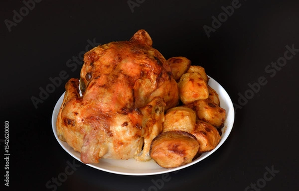 Obraz Whole baked chicken with new potatoes on a white ceramic plate on a black background.