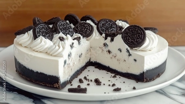 Obraz Side View of Oreo Cheesecake with Cream Cheese, White Chocolate, and Oreo Topping on White Plate on Marble Table.