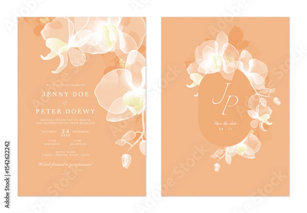 Obraz Wedding invitation and save the date template set of delicate, translucent white Phalaenopsis orchid on a peachy-orange background. The style is modern, romantic, and inviting