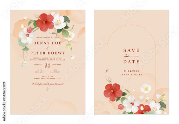 Obraz Wedding invitation and save the date template set of white and red flowers with green foliage and subtle watercolor splotches on a soft peach background