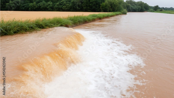 Obraz Flooded river with muddy water flowing over small waterfall near green grass and dense forest under cloudy sky