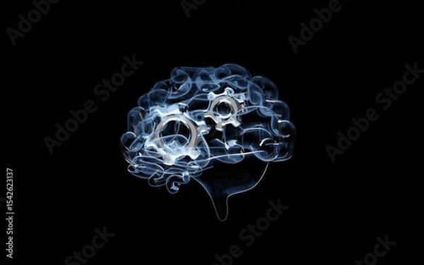 Obraz 3d human brain transparent icon with gear isolated on black background. thought mechanism in brain concept, 3d illustration render