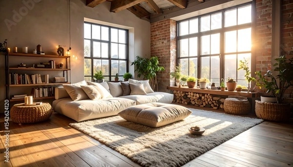 Obraz Sunlight streams into a tranquil living space featuring a comfortable couch and rustic accents.