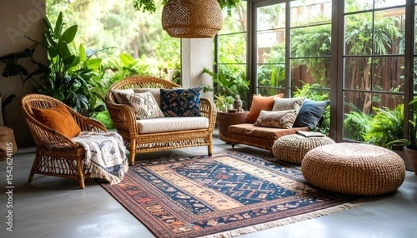 Obraz Lush interior featuring wicker furniture, patterned rug, and vibrant plants create a relaxing vibe.