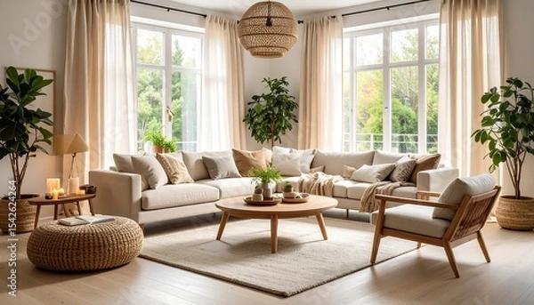 Obraz Cozy interior featuring a large sectional sofa, round wood table and ample natural light ambiance.