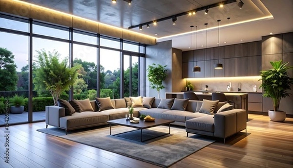 Obraz Serene interior showcases a modern living space connected to nature through a panoramic window view.