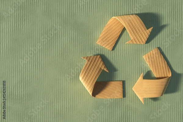 Fototapeta 3D render of a recycle symbol made from corrugated cardboard on a green textured background, representing sustainable and eco-friendly packaging design.
