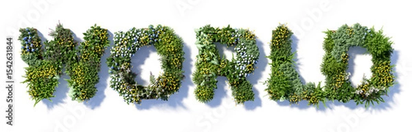Fototapeta 3D render of the word "WORLD" made of colorful flowers and green grass with clipping path. Eco concept isolated on white background.