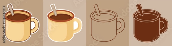 Fototapeta Three Types of Cartoon Style Sticker of Cups with Hot Chocolate or Coffee Inside