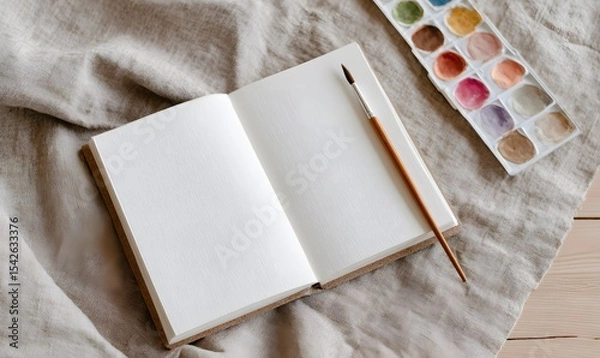 Obraz Photorealistic Minimal soft light still life, open sketchbook with half-finished watercolors, brush resting across pages,  Generative AI
