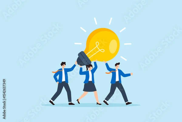 Fototapeta Flat illustration of business team carrying glowing lightbulb together to represent teamwork creativity innovation and shared ideas