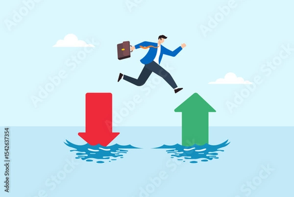 Fototapeta Flat illustration of businessman jumping from red down arrow to green up arrow over water to symbolize transition from failure to success and positive growth