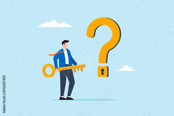 Fototapeta Flat illustration of businessman holding big key to unlock question mark keyhole as symbol of problem solving critical thinking and finding answers